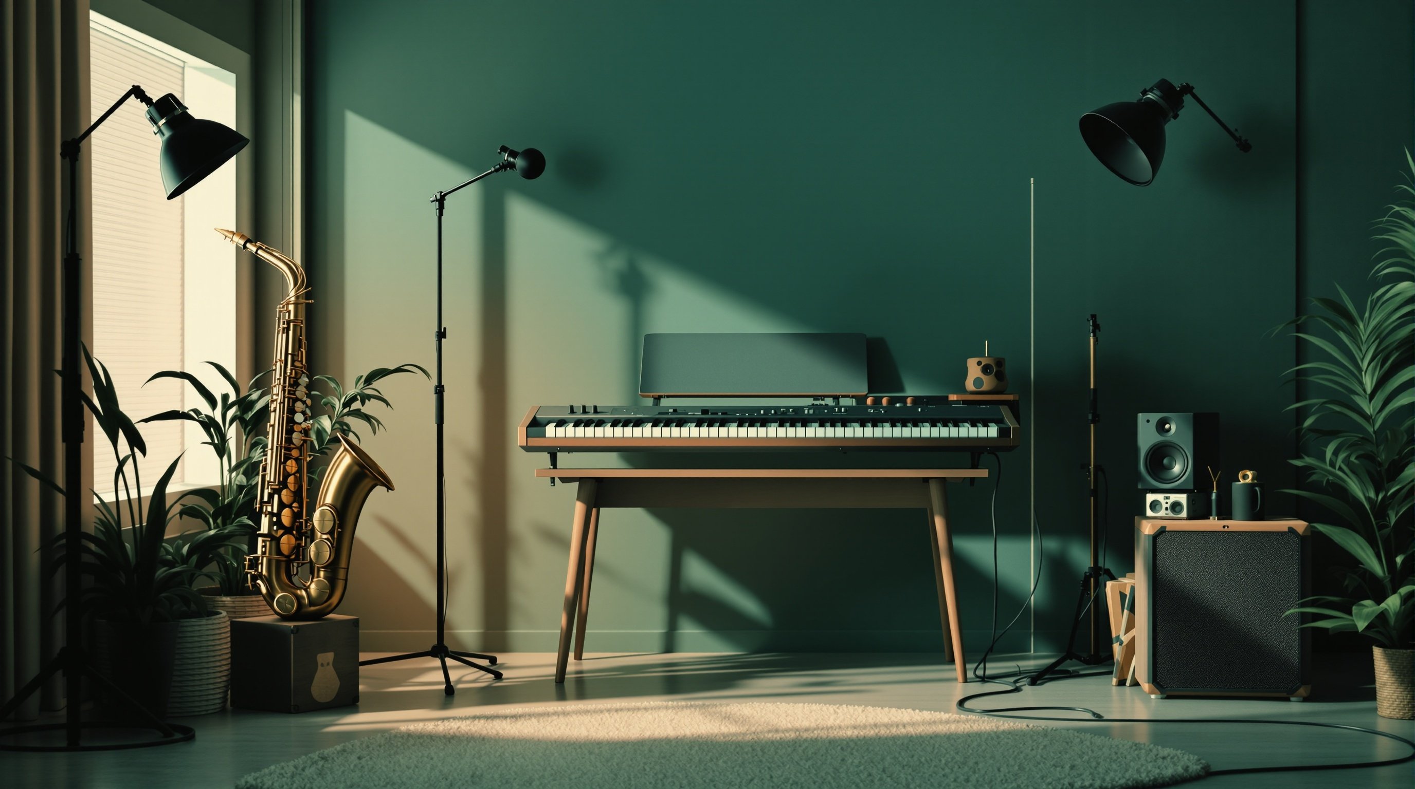 Modern creative workspace with musical instruments